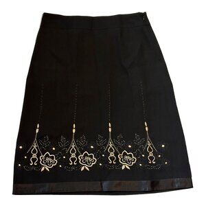 Dark Academia Black Gold Embroidery Skirt Size 4 A-line Side Zip Whimsy Preppy